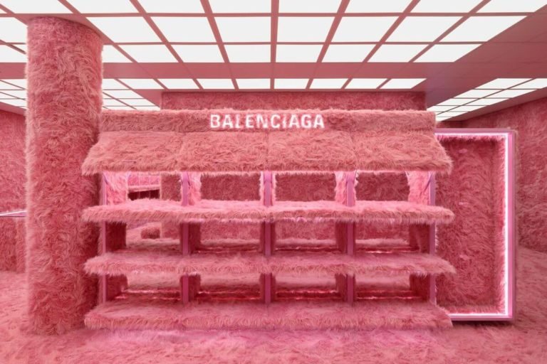 Inside the Balenciaga  London Store Wrapped in Pink Faux Fur